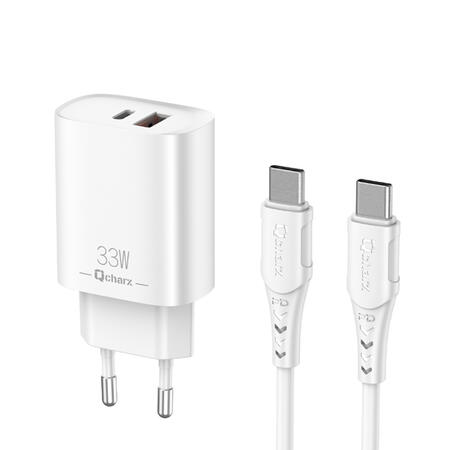 qcharx-eros-cargador-3a-33w-2-puertos-tipo-c-1-puerto-usb-cable-tipo-c-a-tipo-c-blanco